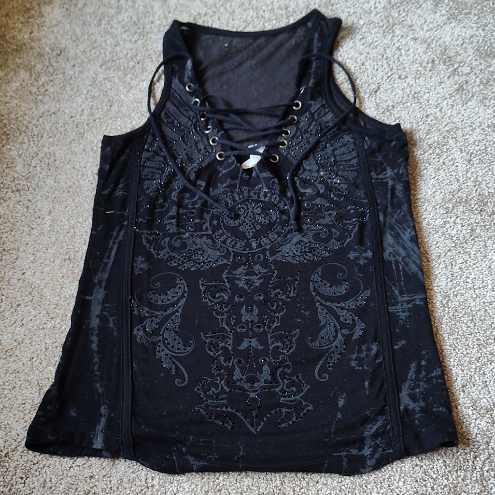 AFFLICTION lace front silver and black crystal Embellished Mesh Back Tank Top.